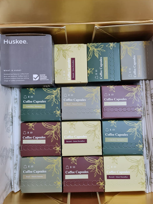 Coffee Gift Hamper Box - Option 3 --- [ Premium Gift Box with 12 Coffee Capsule Boxes + 1 Huskee Cup ]