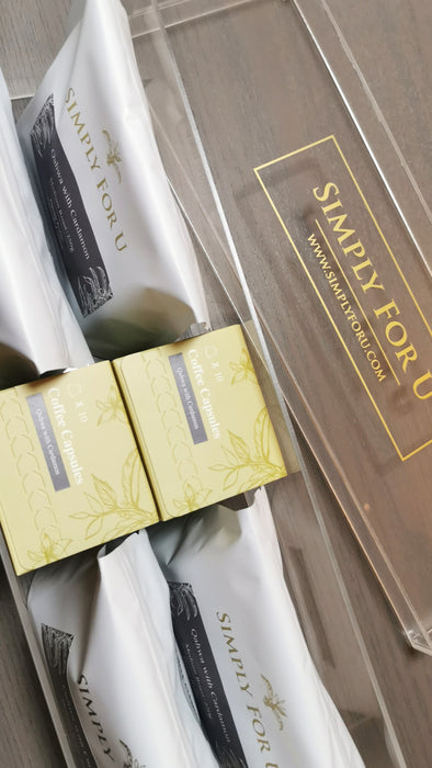 Coffee Gift Hamper Box - Option 4 --- [ Acrylic Box with 4 Qahwa Packets + 2 Coffee Capsules ]